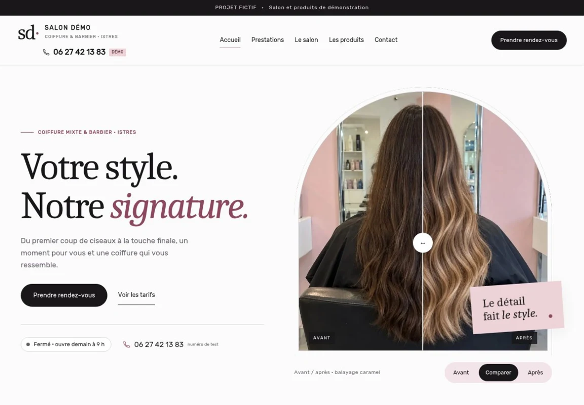 Aperçu du site Salon Démo : univers de coiffure, titre élégant et photographie de cheveux.