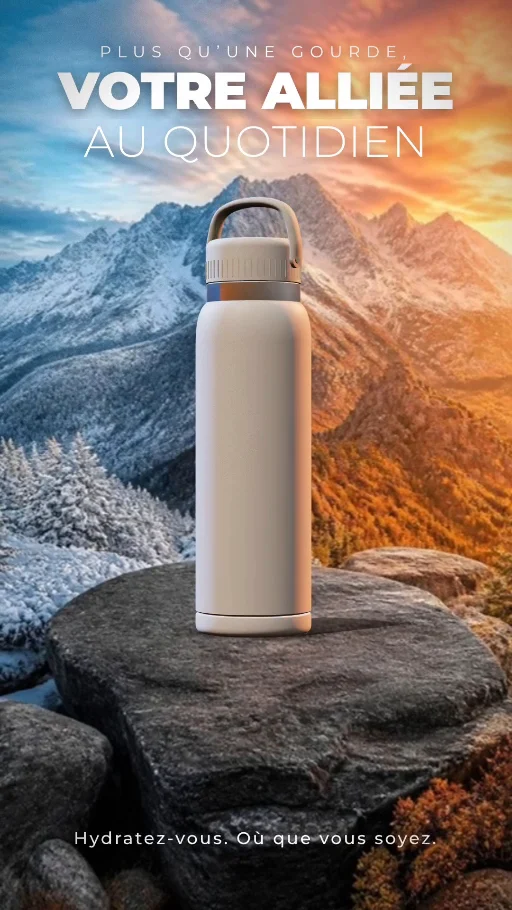 Une gourde GoodDrinks dans un paysage de montagne.