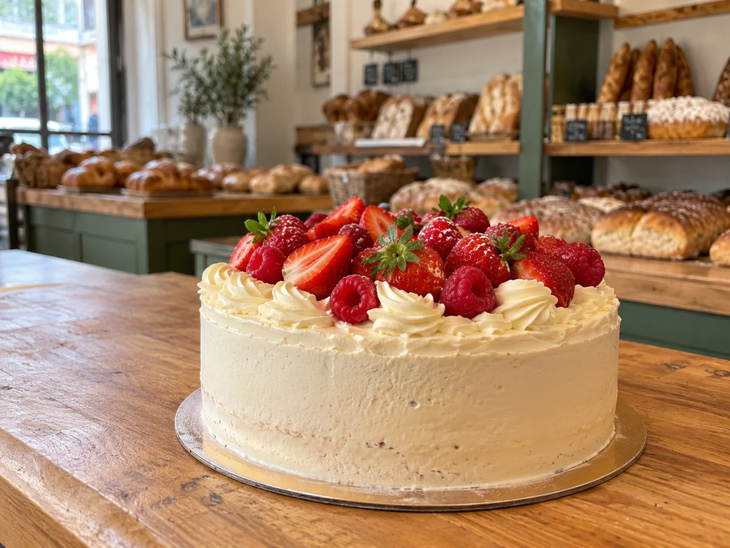 Gâteau à la crème, aux fraises et aux framboises réalisé sur commande