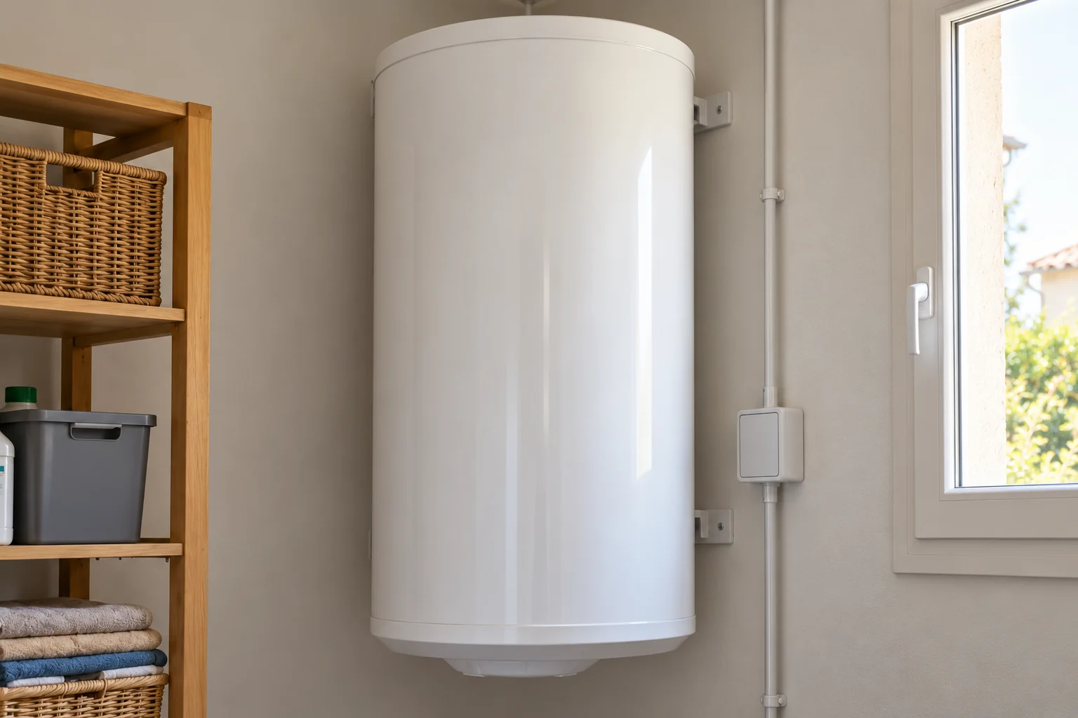 Chauffe-eau électrique dans une buanderie, illustration fictive
