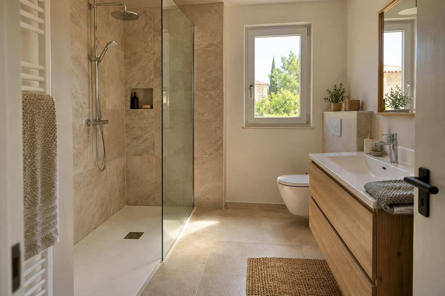 Salle de bains avec douche à l’italienne, carrelage clair et meuble en bois — illustration fictive